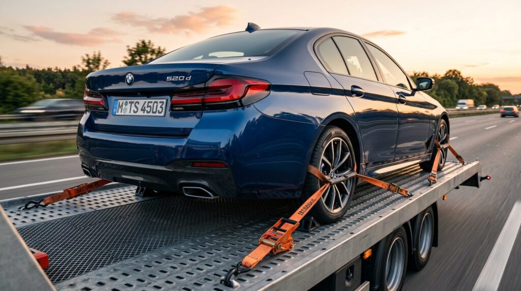 Close-up of brand new German car on flatbed transport truck