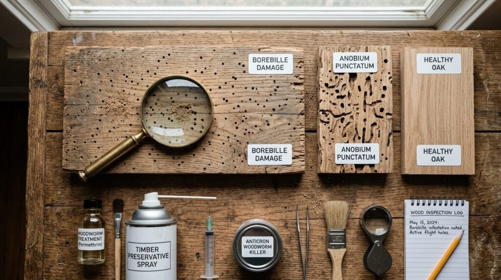 Detailed overhead flat-lay composition showing wood samples 