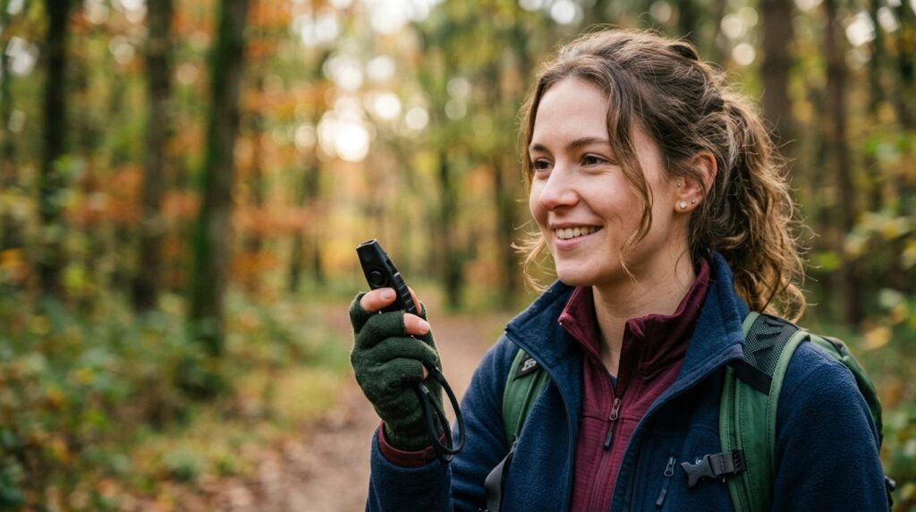 Close-up photorealistic shot of a young woman in outdoor gea