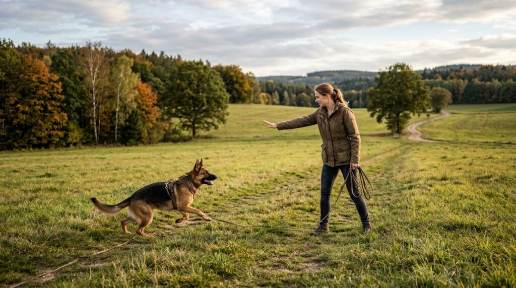 Wide-angle photorealistic image of a dog owner with German S