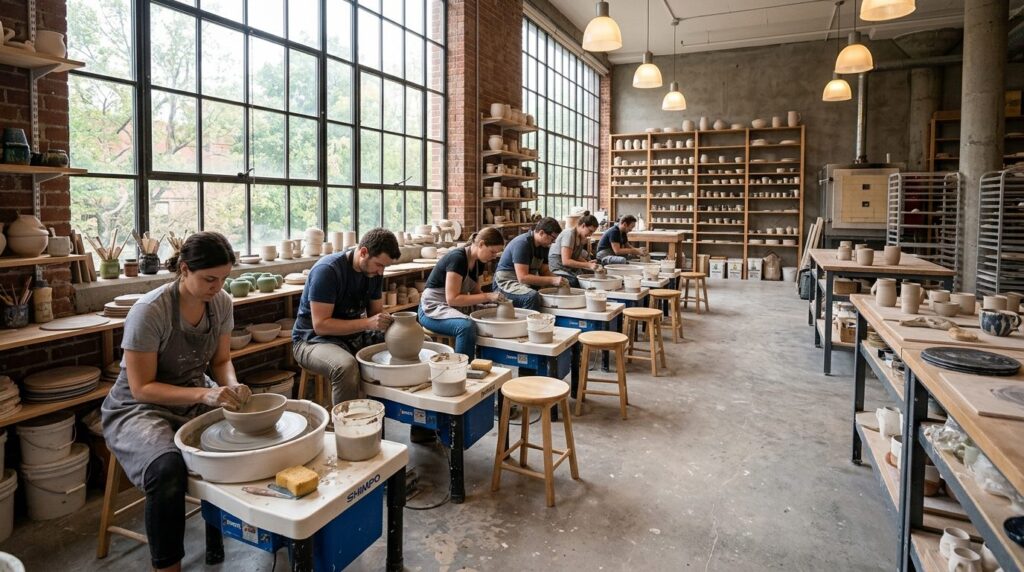 Wide-angle shot of a modern ceramic pottery studio workspace
