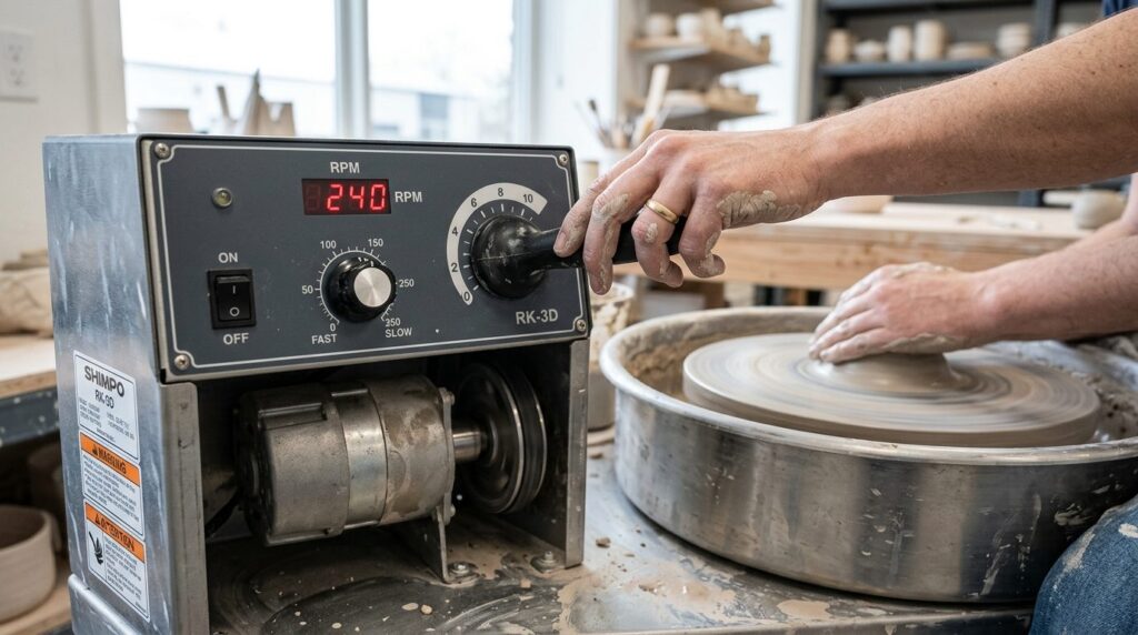 Detail view of a pottery wheel motor and control panel showi