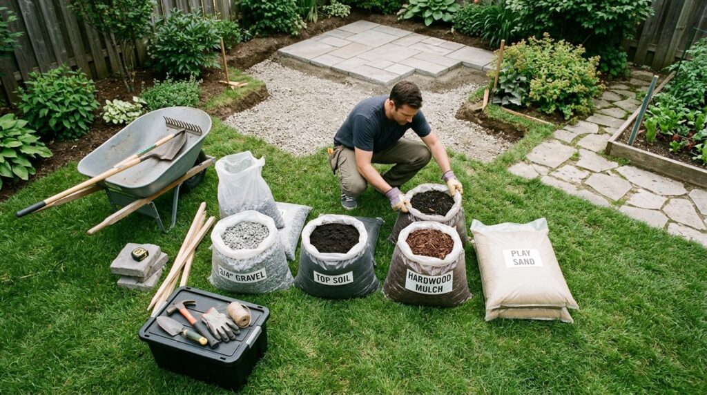 Overhead lifestyle shot of DIY homeowner organizing multiple