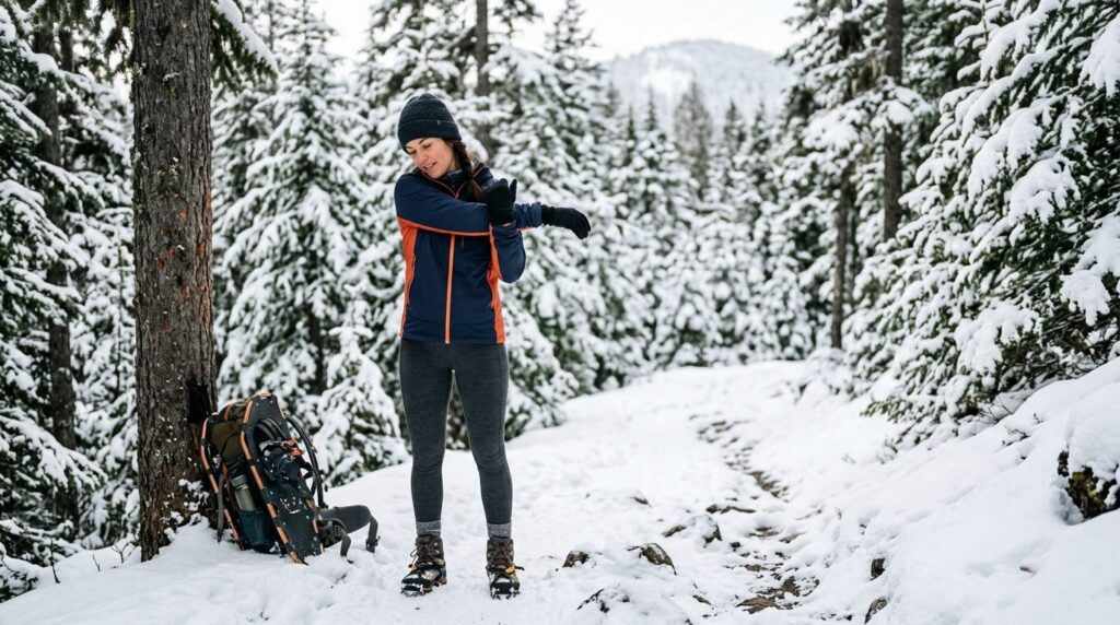 Outdoor hiking scene with a woman in winter athletic wear st