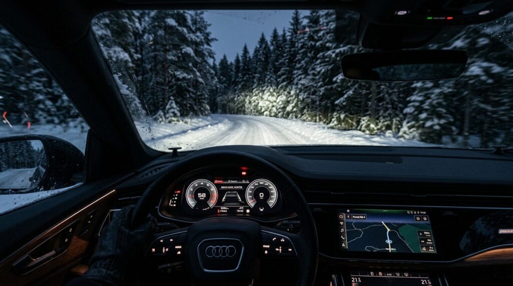 Realistic car interior night scene: drivers perspective on