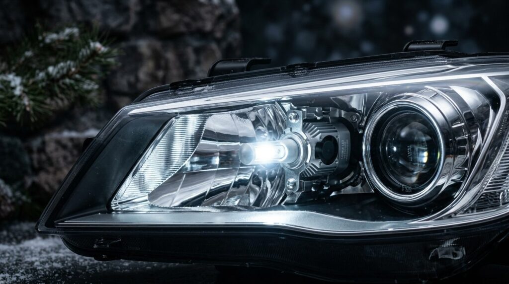 High-quality automotive detail shot: upgraded LED bulbs moun