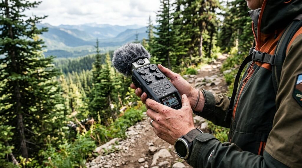 Close-up of experienced hikers hands holding a professional