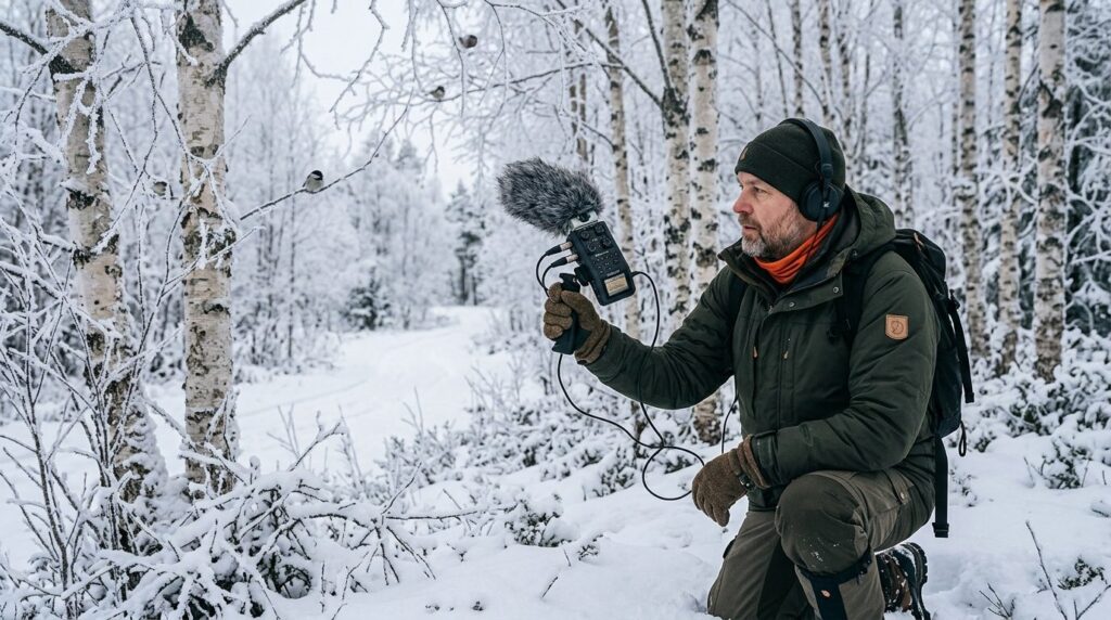 Wildlife enthusiast in winter outdoor gear using a dedicated