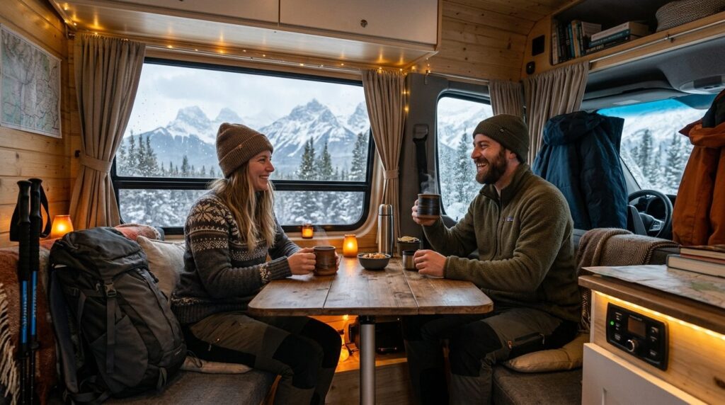 Active outdoor enthusiasts enjoying hot beverages inside a w