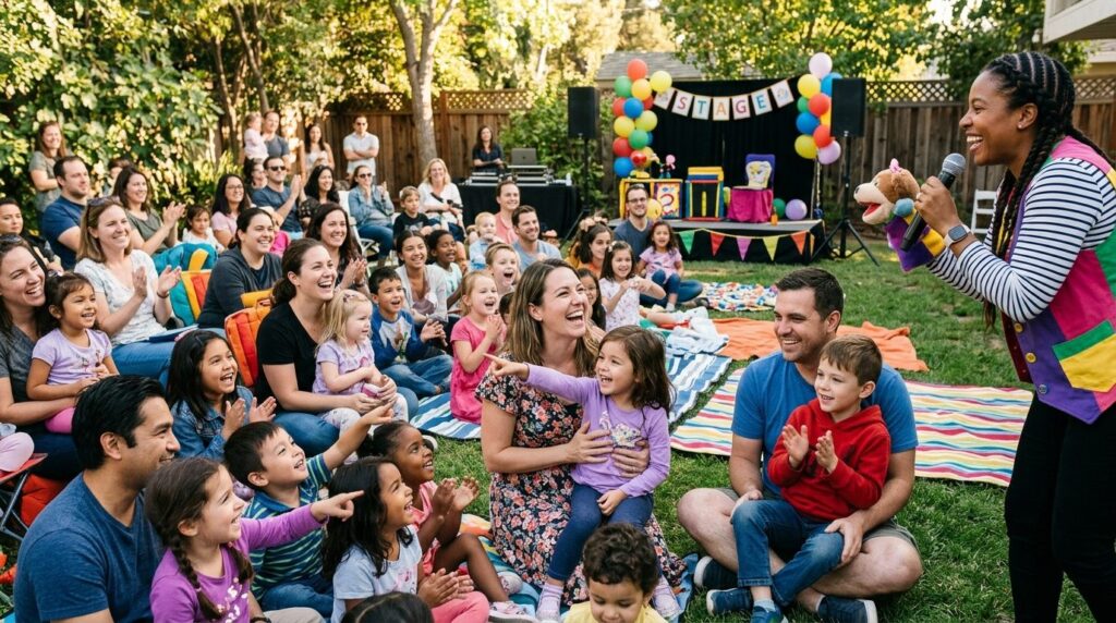 Active parents and children gathered in a backyard setting w
