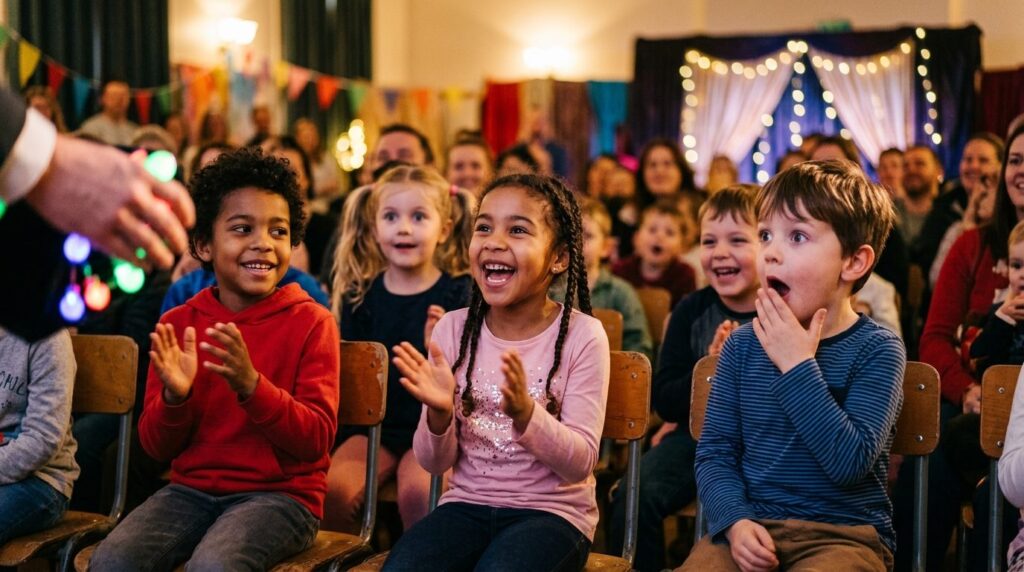Close-up of childrens excited reactions during an interacti